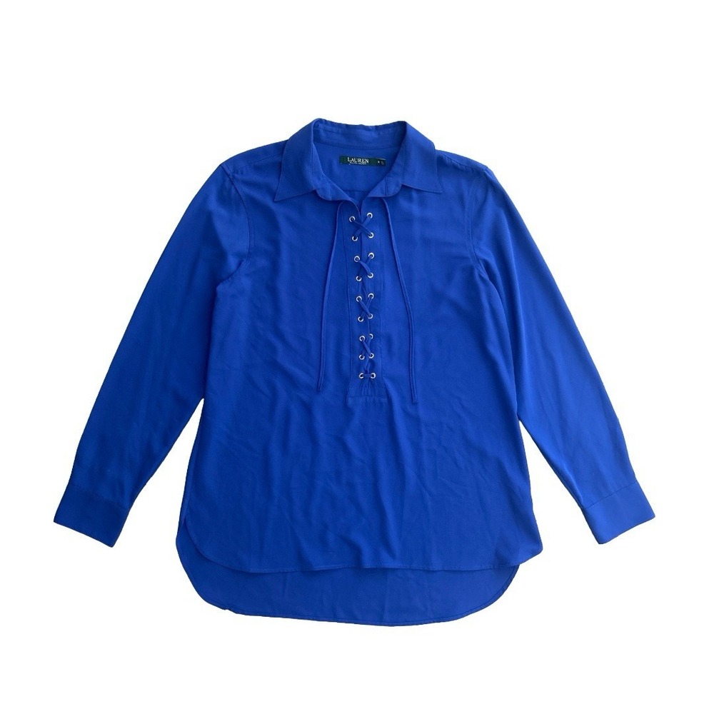 Lauren Ralph Lauren Blue Lace-Up Blouse Size‎ M Long Sleeve Collar Tunic Top